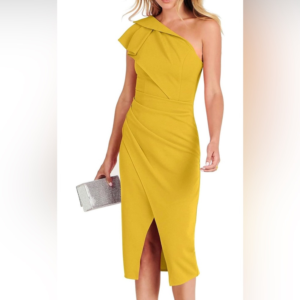 One Cold Shoulder Sleeveless Dress Elegant Bodycon Ruched Slit Split Midi Party